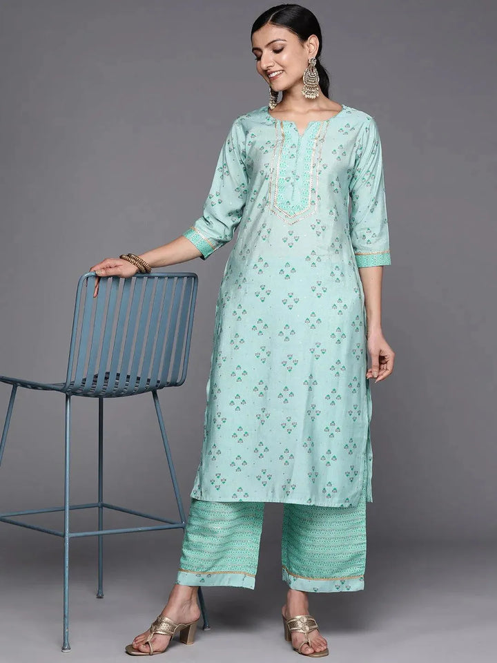 Blue Printed Silk Blend Straight Kurta Set With Palazzos - Libas