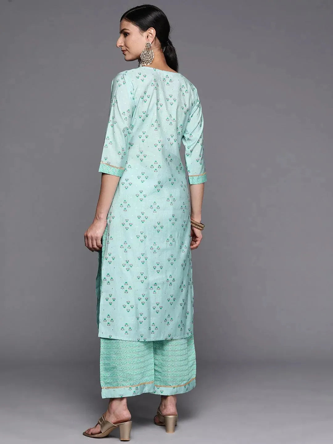 Blue Printed Silk Blend Straight Kurta Set With Palazzos - Libas