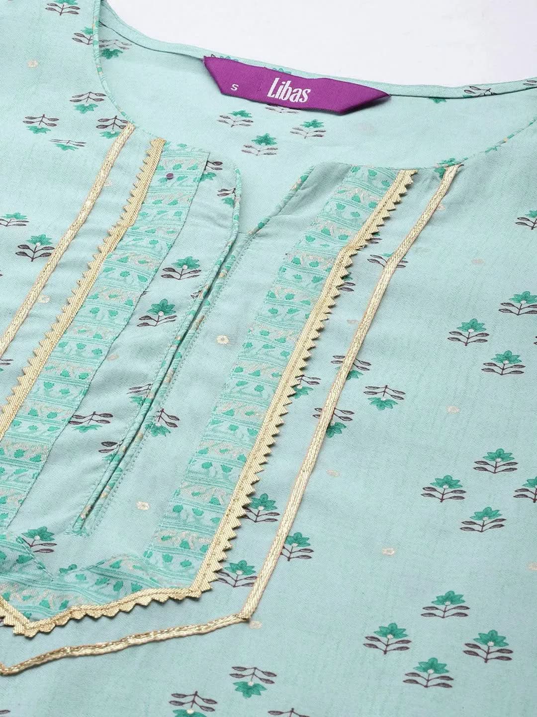 

Blue Printed Silk Blend Straight Kurta With Palazzos
