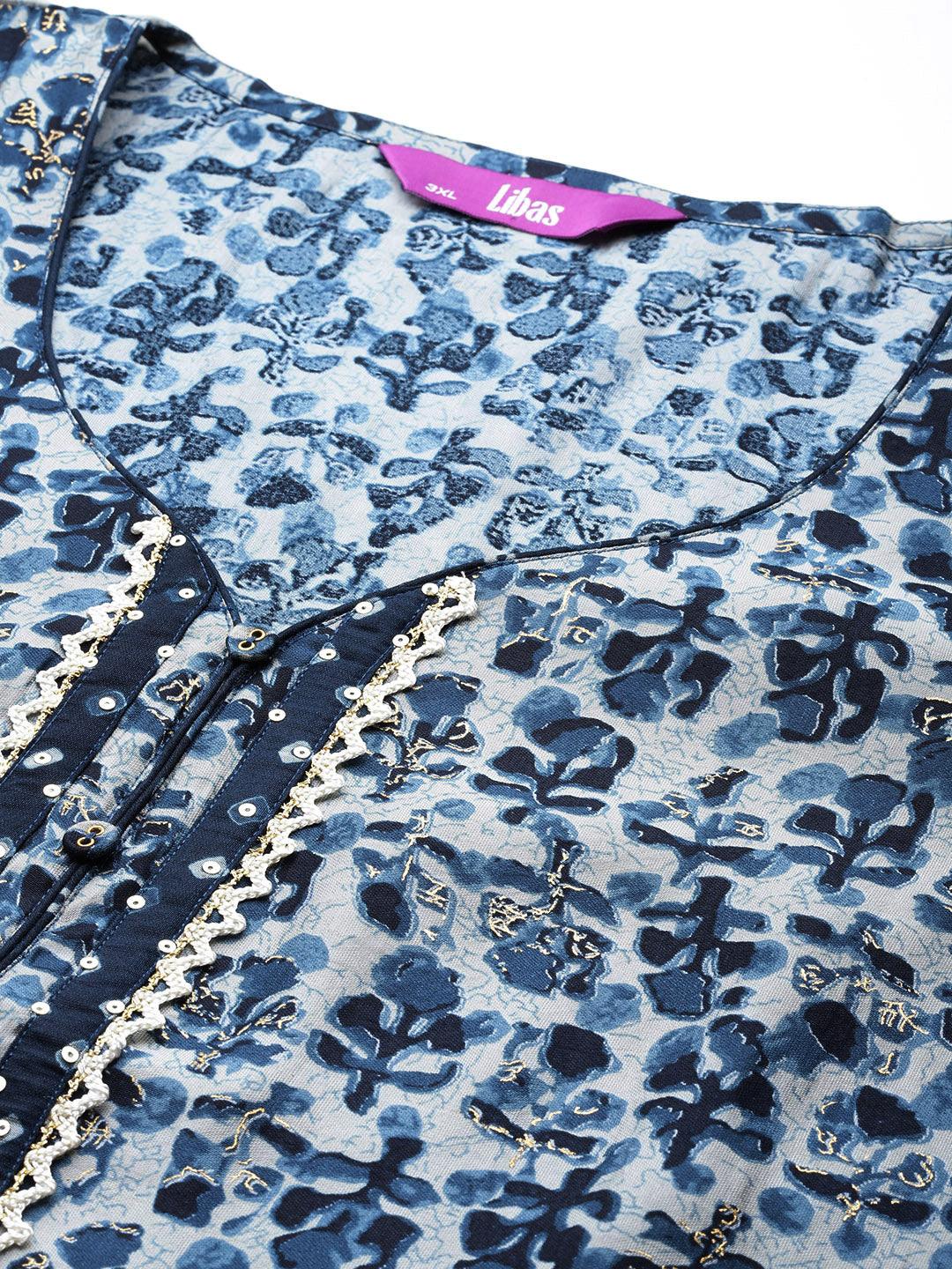 Plus Size Blue Printed Silk Blend Straight Kurta Set