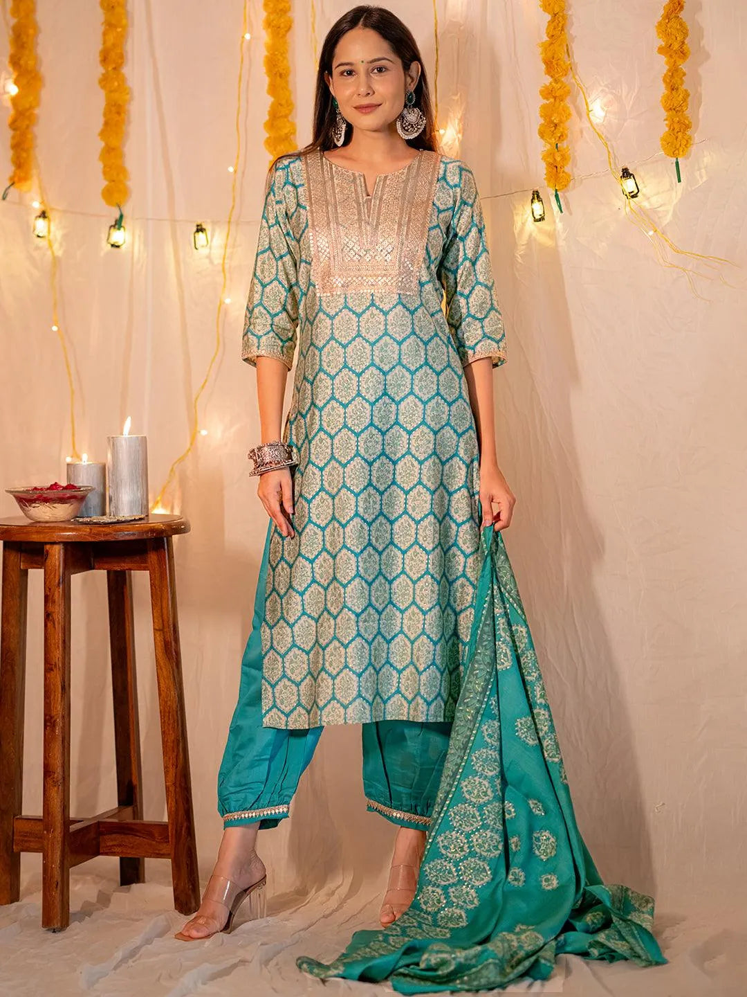 Blue Printed Silk Blend Straight Kurta With Salwar & Dupatta - Libas 
