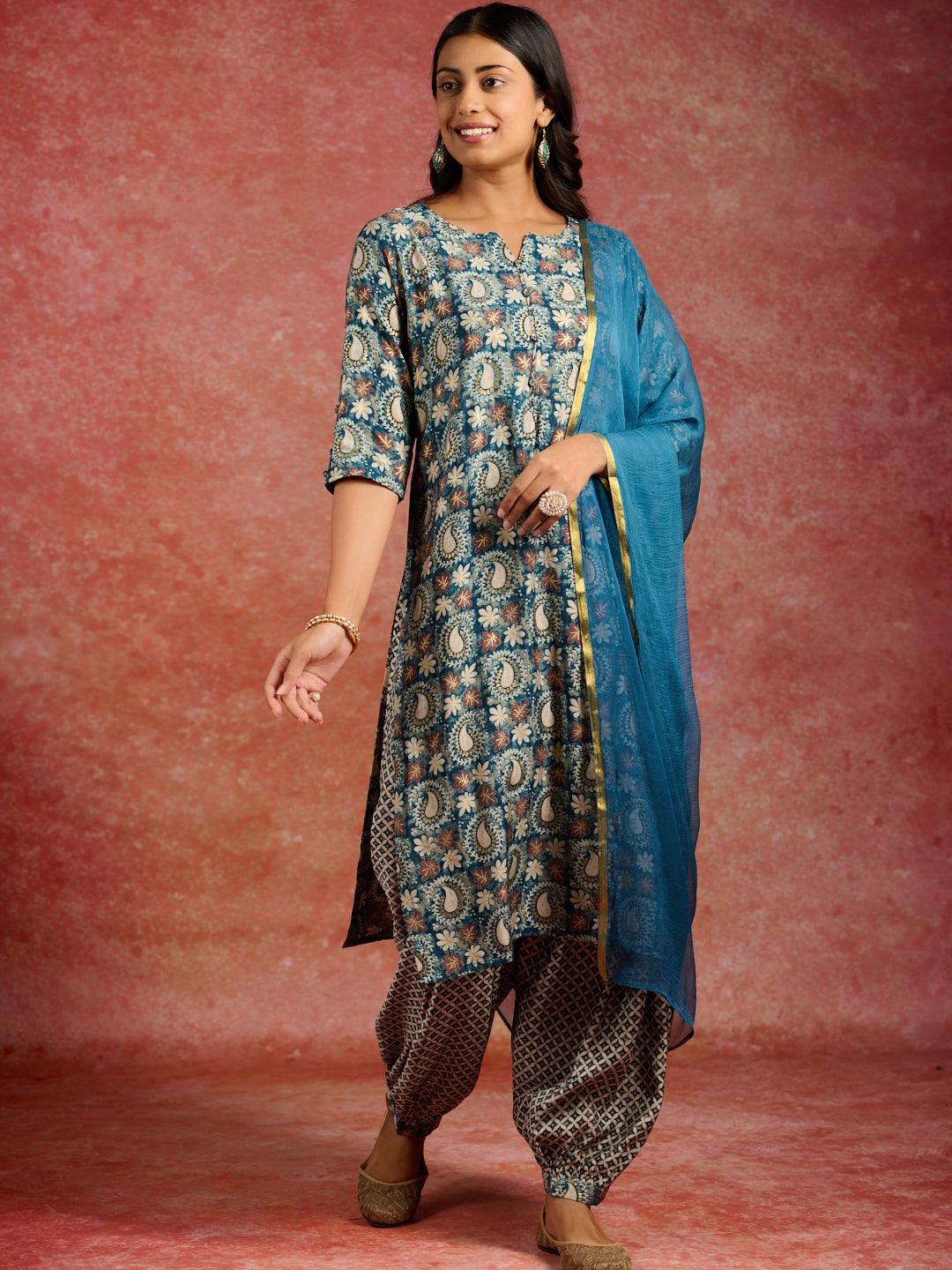 Blue Printed Silk Blend Straight Kurta With Salwar & Dupatta - Libas