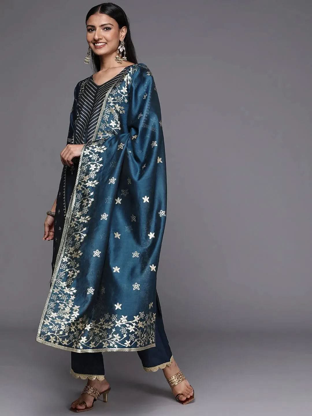 libas Blue Printed Silk Blend Straight Kurta With Trousers & Dupatta-picture-57