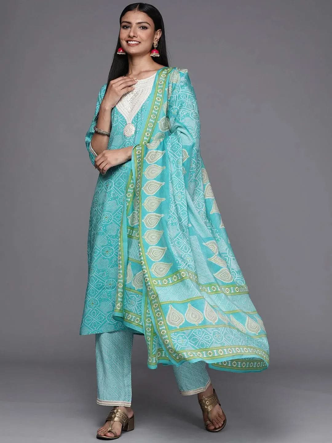 

Blue Printed Silk Blend Straight Kurta With Trousers & Dupatta