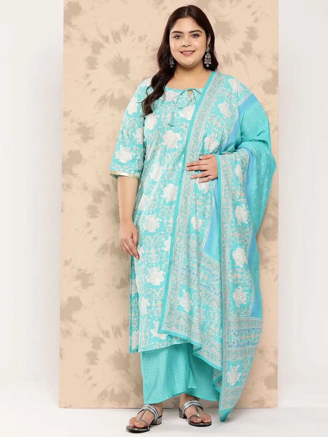 Blue Printed Silk Blend Straight Kurta With Trousers and Dupatta - Libas