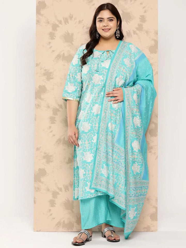 Blue Printed Silk Blend Straight Kurta With Trousers and Dupatta - Libas