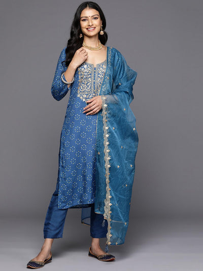 Blue Printed Silk Blend Straight Kurta With Trousers & Dupatta - Libas