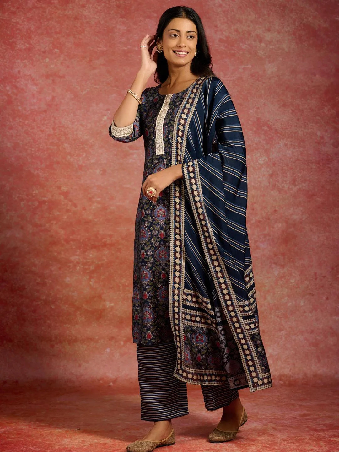 Blue Printed Silk Blend Straight Kurta With Trousers & Dupatta - Libas