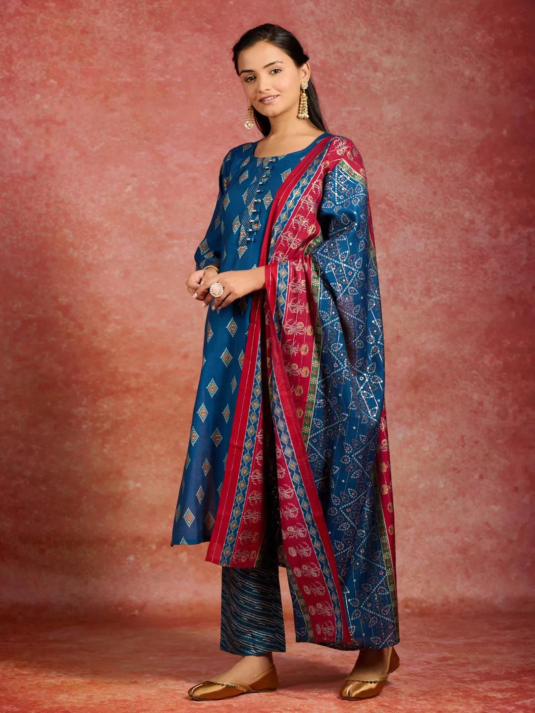 libas Blue Printed Silk Blend Straight Suit With Dupatta-picture-66
