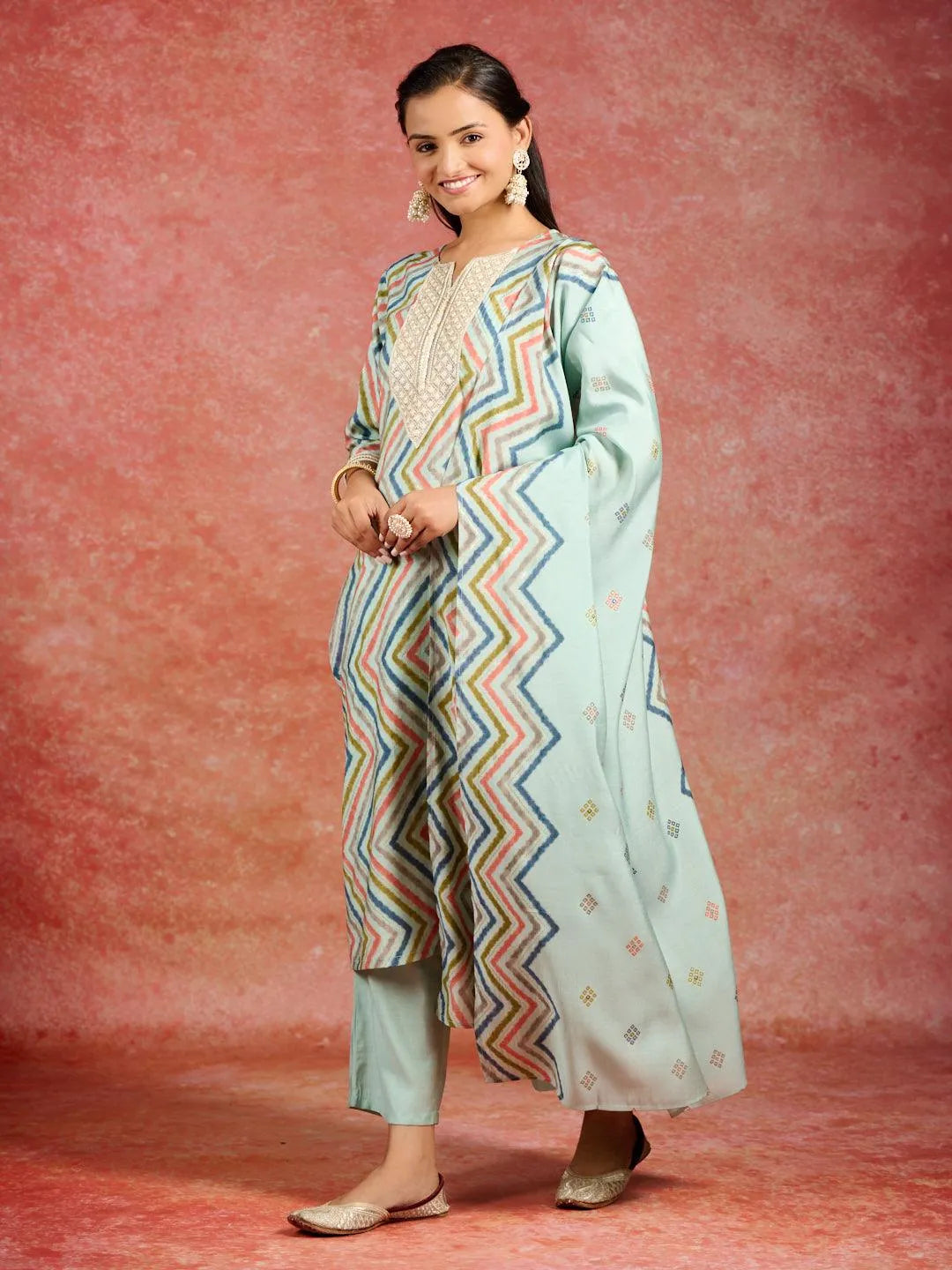 Blue Printed Silk Blend Straight Kurta With Trousers & Dupatta - Libas