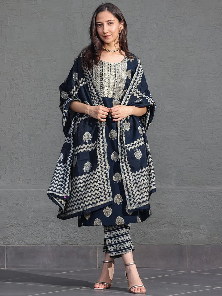 Blue Printed Silk Blend Straight Kurta With Trousers & Dupatta - Libas