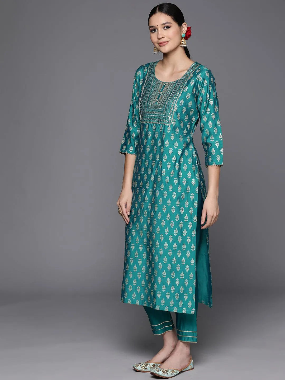 Blue Printed Silk Blend Straight Kurta With Trousers & Dupatta - Libas 