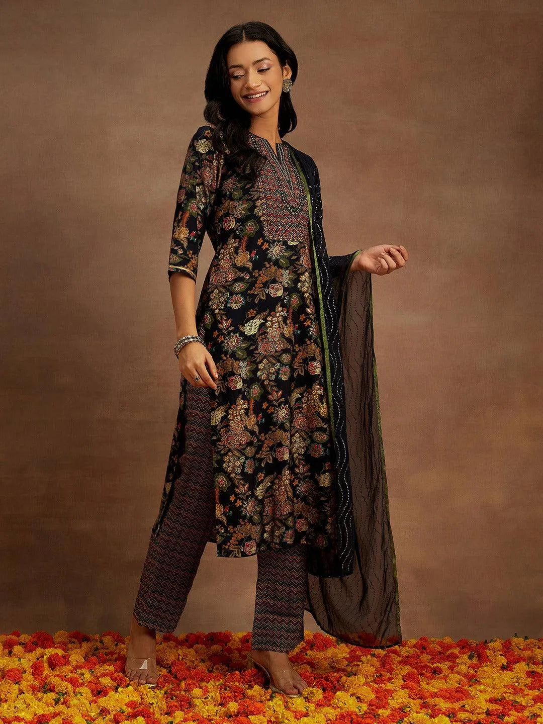 Blue Printed Silk Blend Straight Kurta With Trousers & Dupatta - Libas 