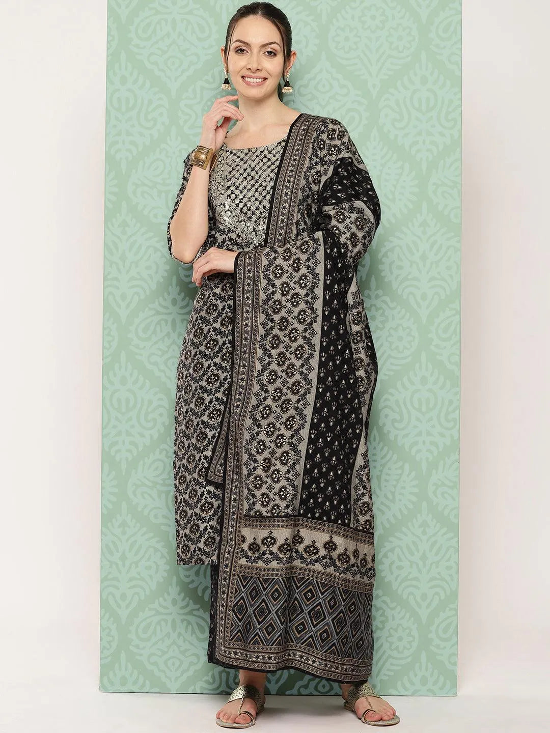 Blue Printed Silk Blend Straight Kurta With Trousers & Dupatta - Libas