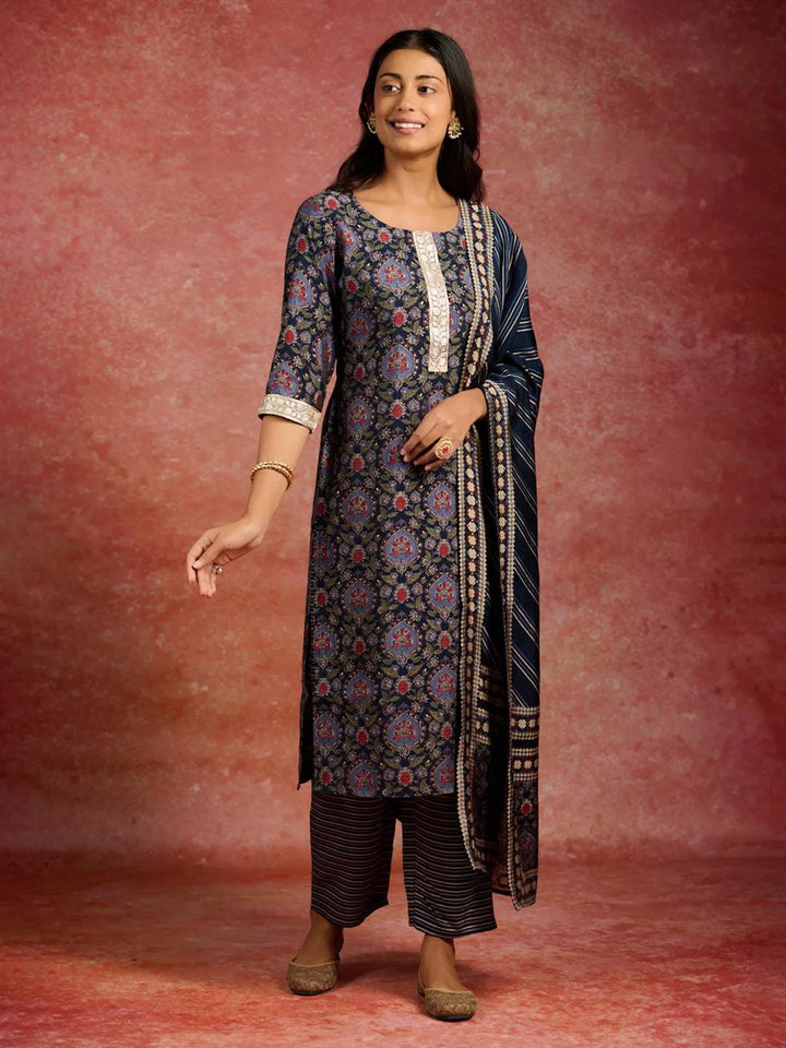 Blue Printed Silk Blend Straight Kurta With Trousers & Dupatta - Libas