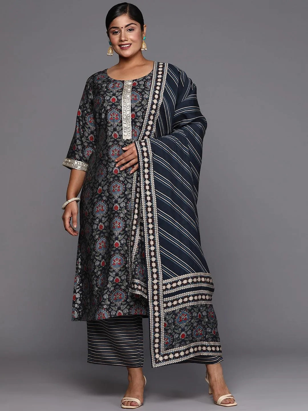 Blue Printed Silk Blend Straight Kurta With Trousers & Dupatta - Libas 