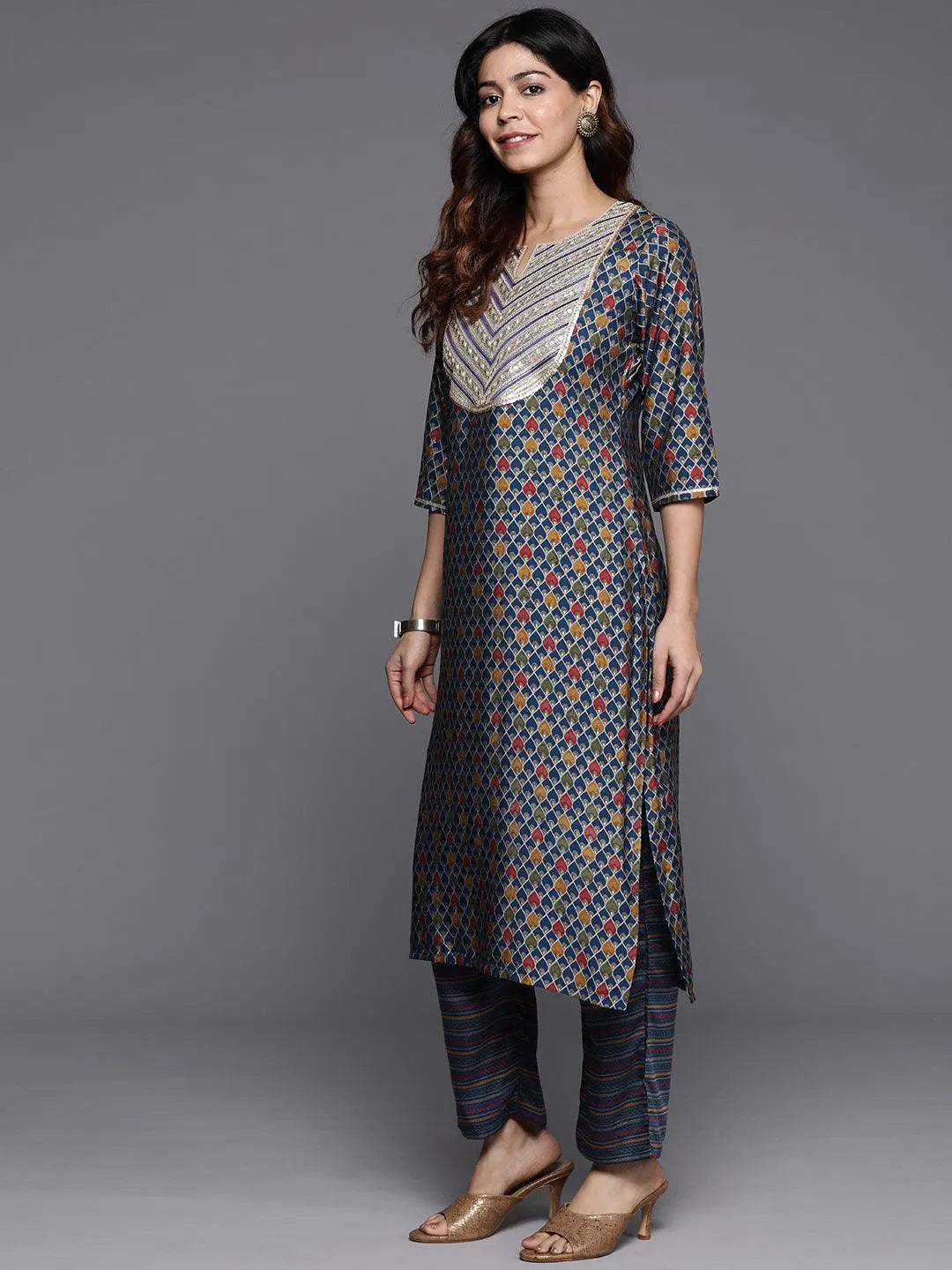 Blue Printed Silk Blend Straight Kurta With Trousers & Dupatta - Libas 