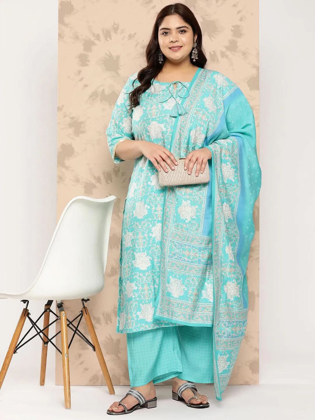 Blue Printed Silk Blend Straight Kurta With Trousers and Dupatta - Libas 