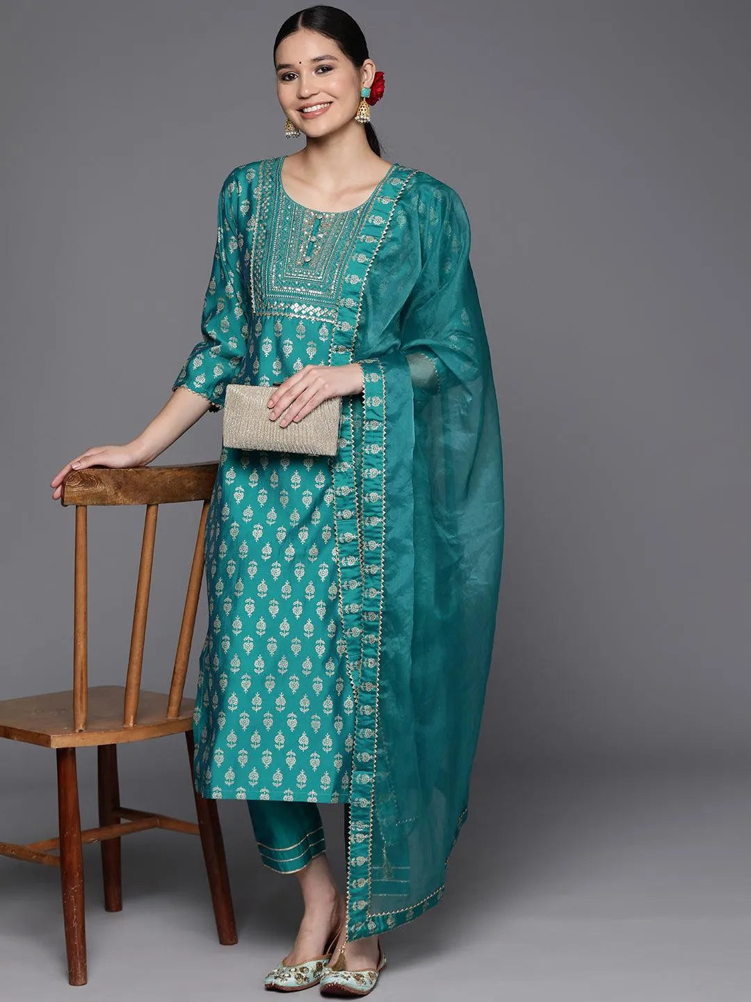 Blue Printed Silk Blend Straight Kurta With Trousers & Dupatta - Libas 