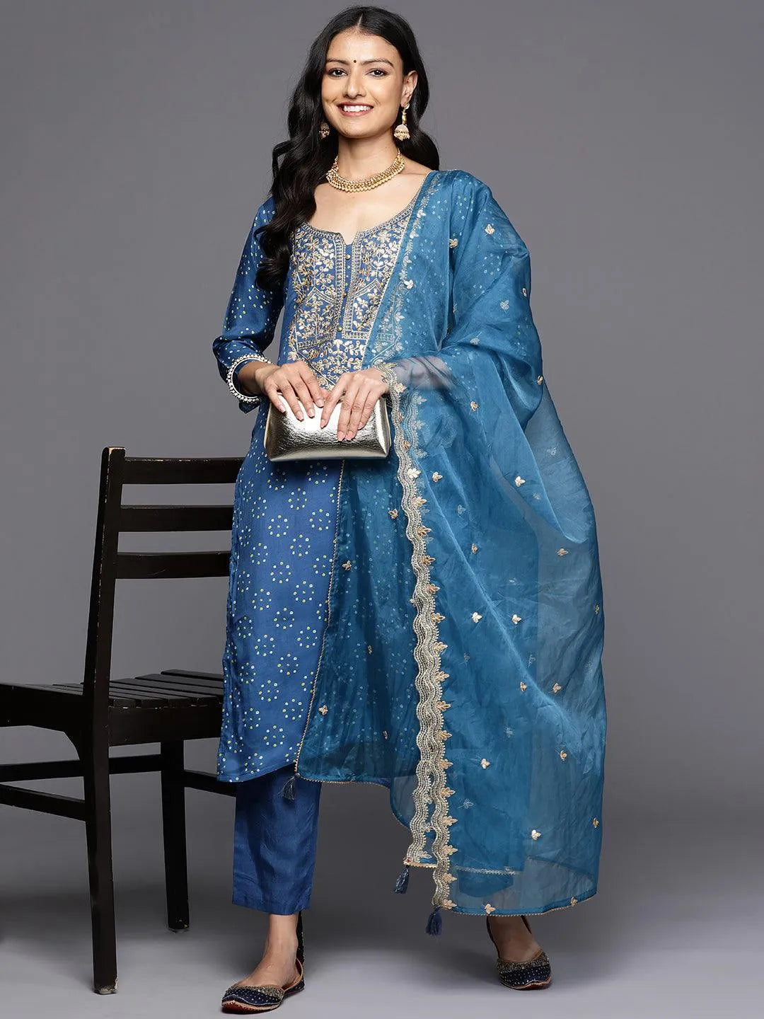 Blue Printed Silk Blend Straight Kurta With Trousers & Dupatta - Libas 