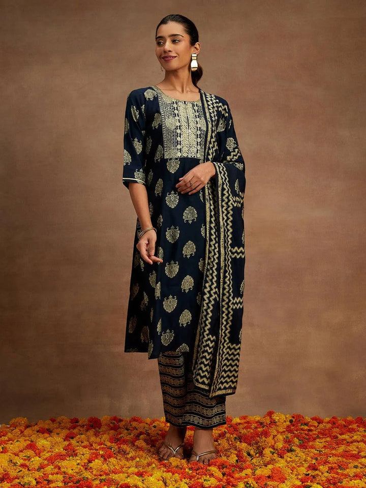 Blue Printed Silk Blend Straight Kurta With Trousers & Dupatta - Libas