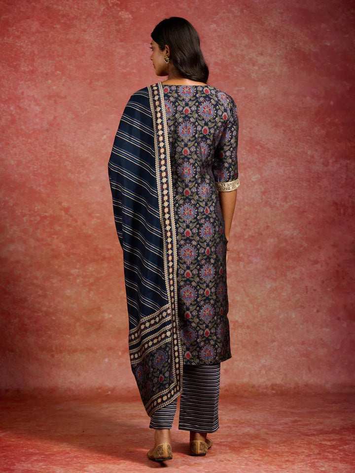 Blue Printed Silk Blend Straight Kurta With Trousers & Dupatta - Libas