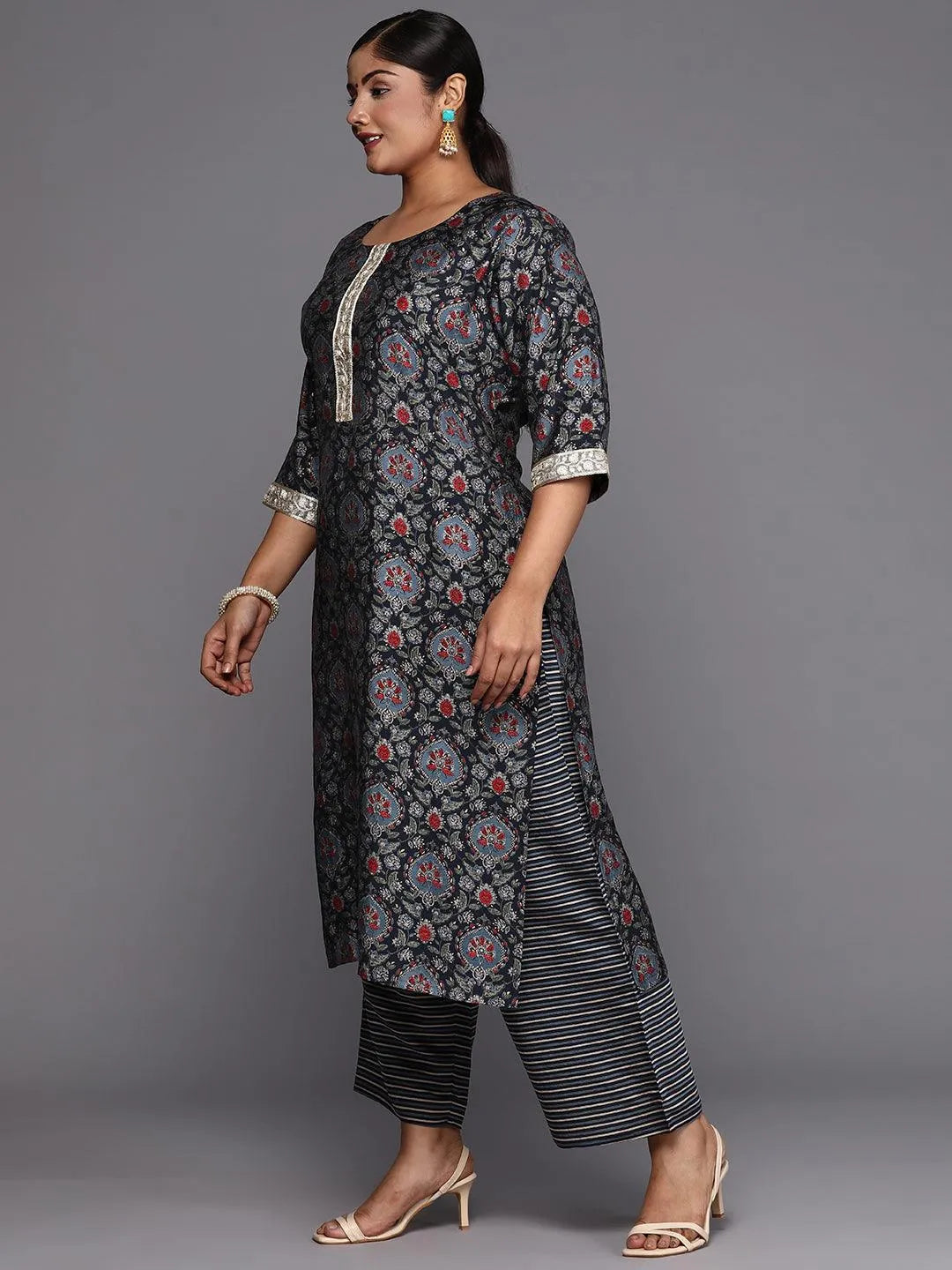 Blue Printed Silk Blend Straight Kurta With Trousers & Dupatta - Libas 