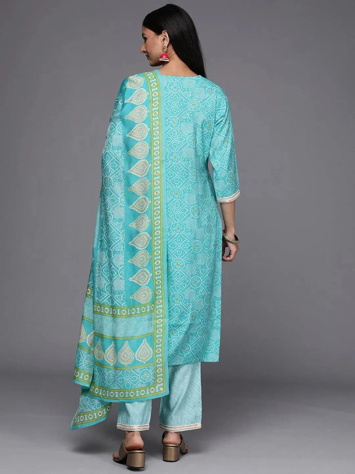 Blue Printed Silk Blend Straight Suit Set - Libas