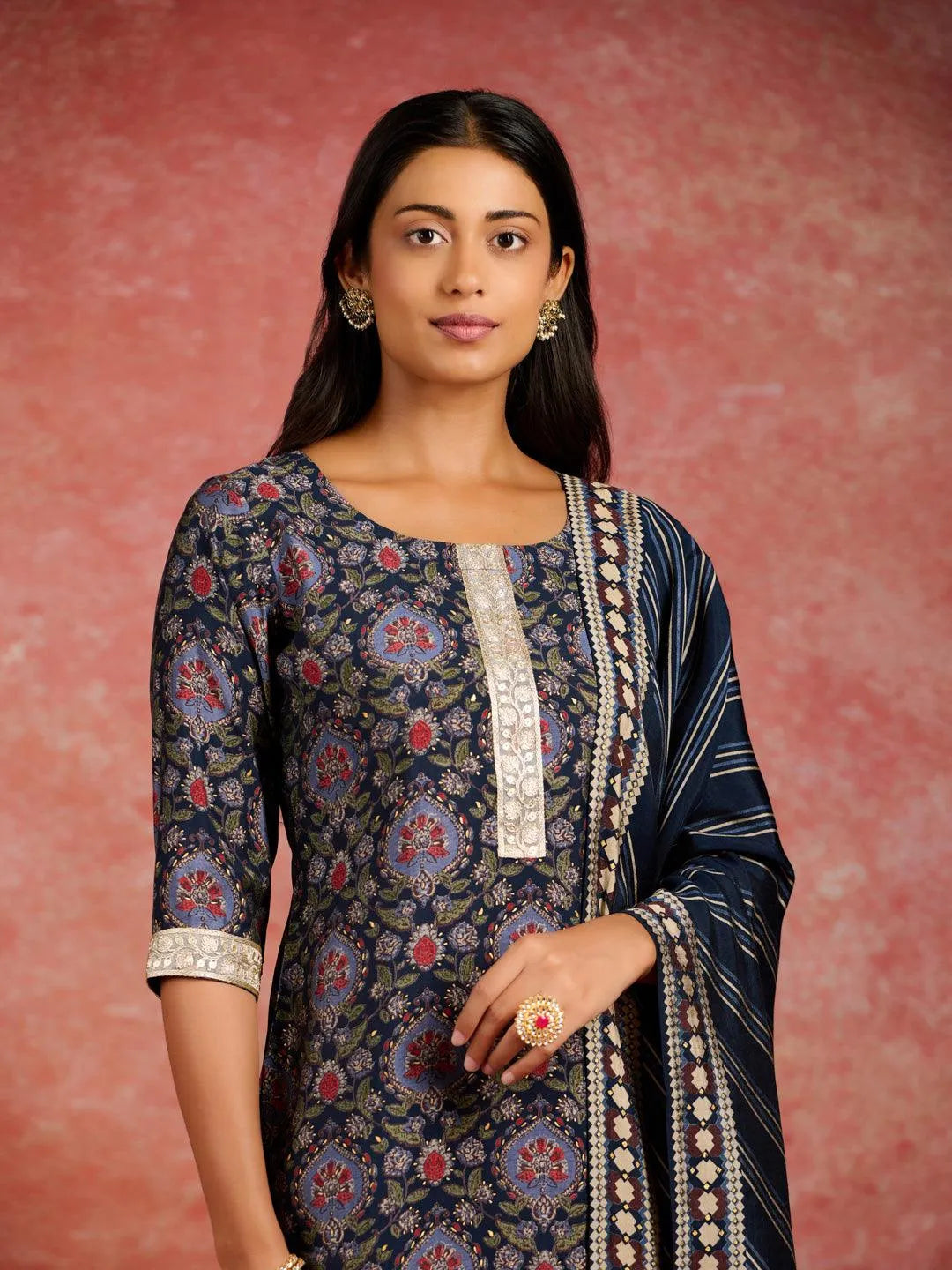 Blue Printed Silk Blend Straight Kurta With Trousers & Dupatta - Libas 