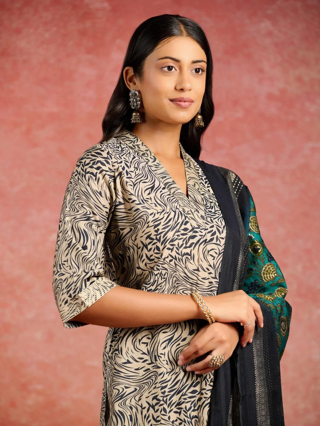 Blue Printed Silk Blend Straight Kurta With Trousers & Dupatta - Libas 