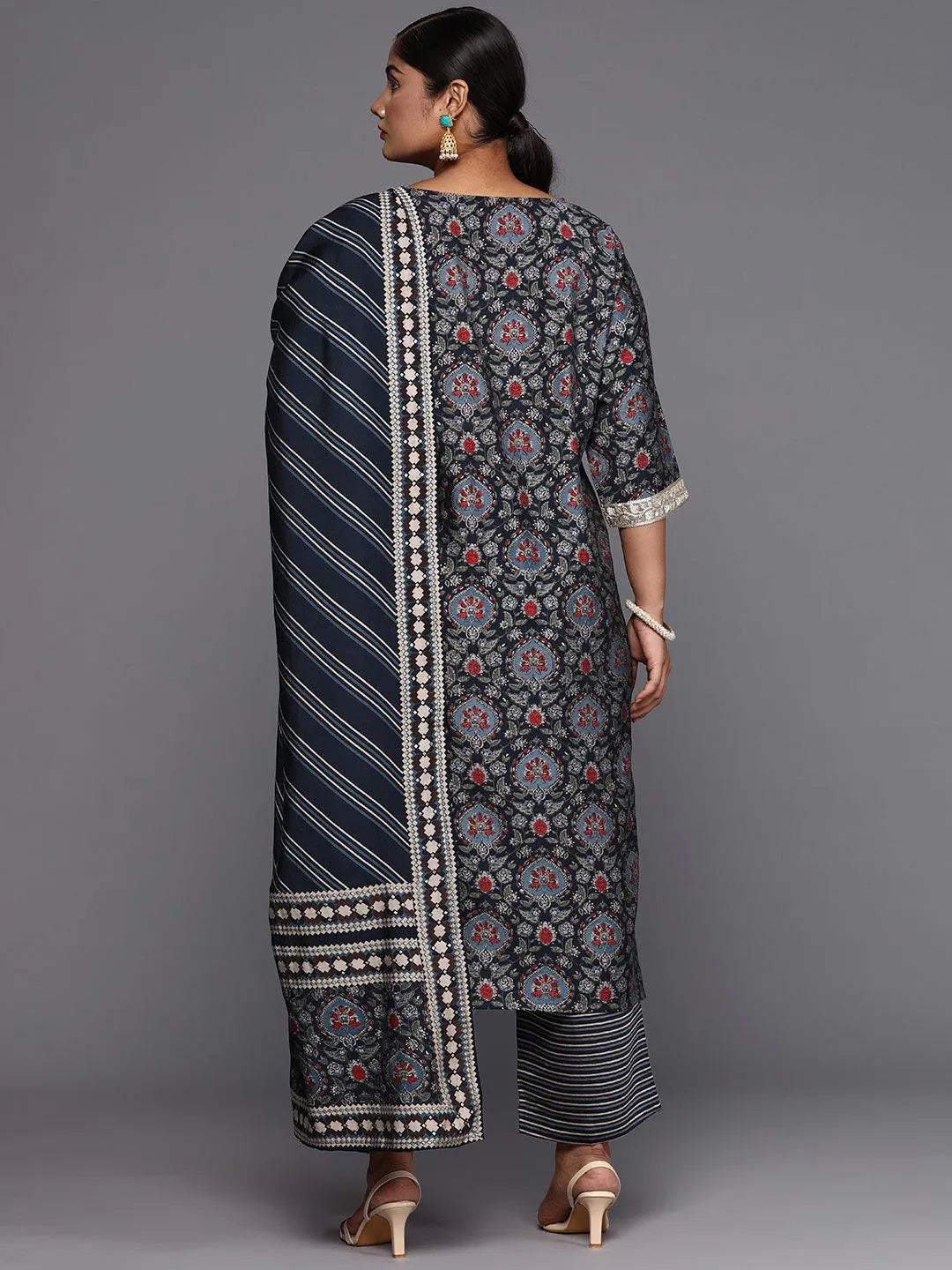 Blue Printed Silk Blend Straight Kurta With Trousers & Dupatta - Libas 