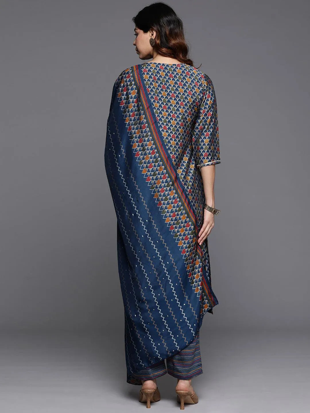 Blue Printed Silk Blend Straight Kurta With Trousers & Dupatta - Libas 