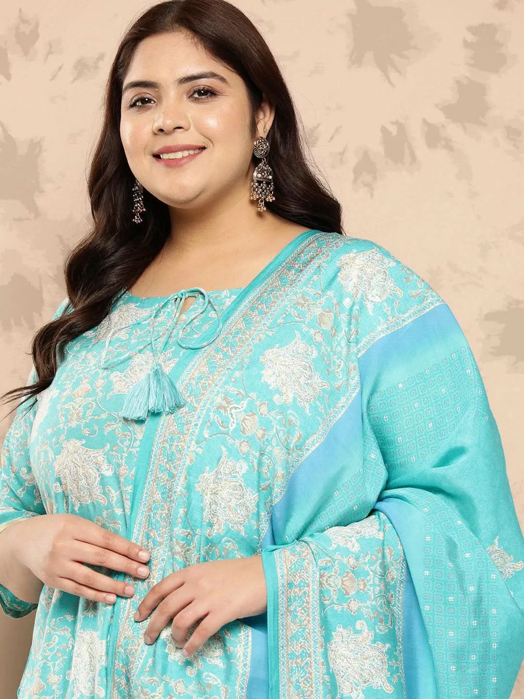 Blue Printed Silk Blend Straight Kurta With Trousers and Dupatta - Libas 
