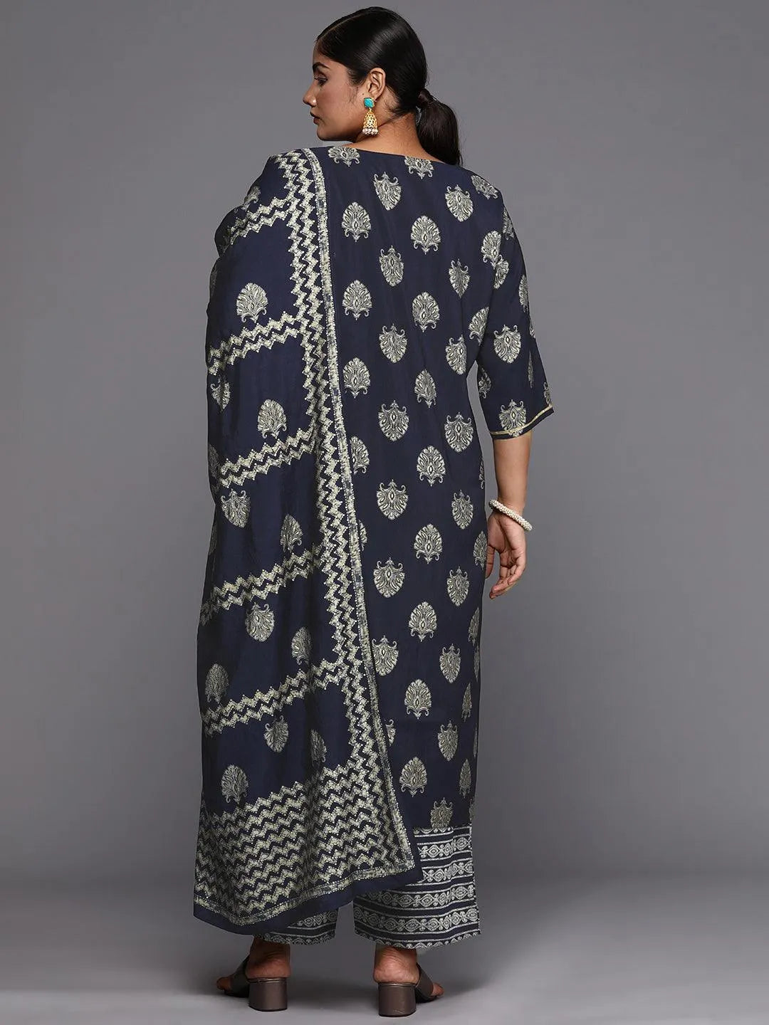 Blue Printed Silk Blend Straight Kurta With Trousers & Dupatta - Libas