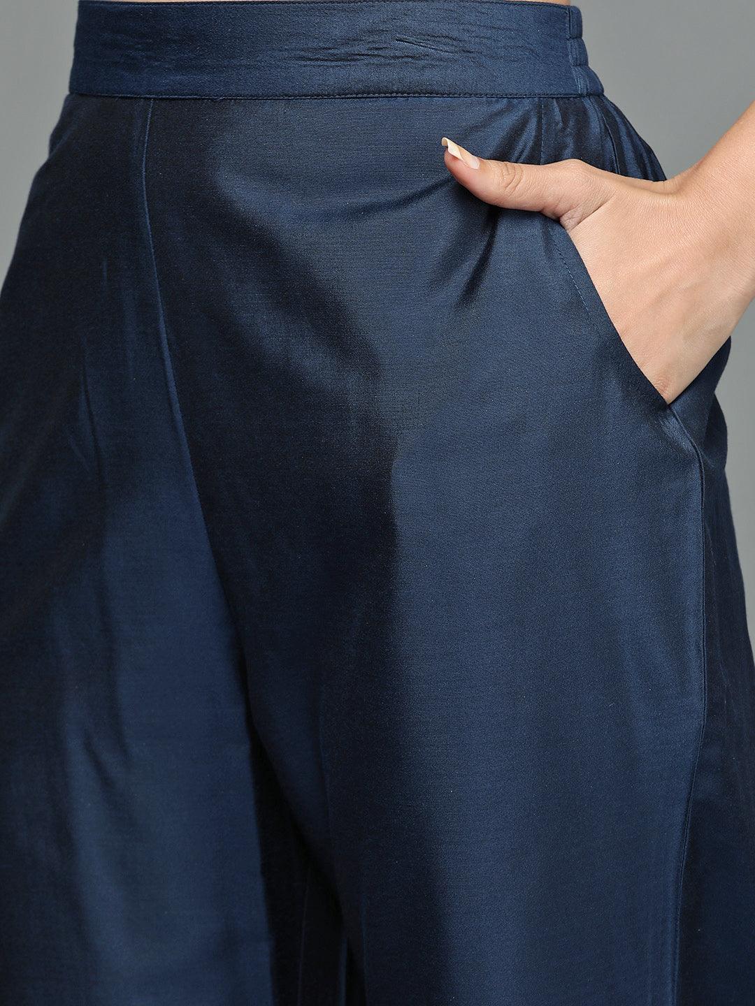 Blue Printed Silk Blend Straight Suit Set - Libas