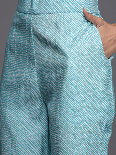 Blue Printed Silk Blend Straight Suit Set - Libas
