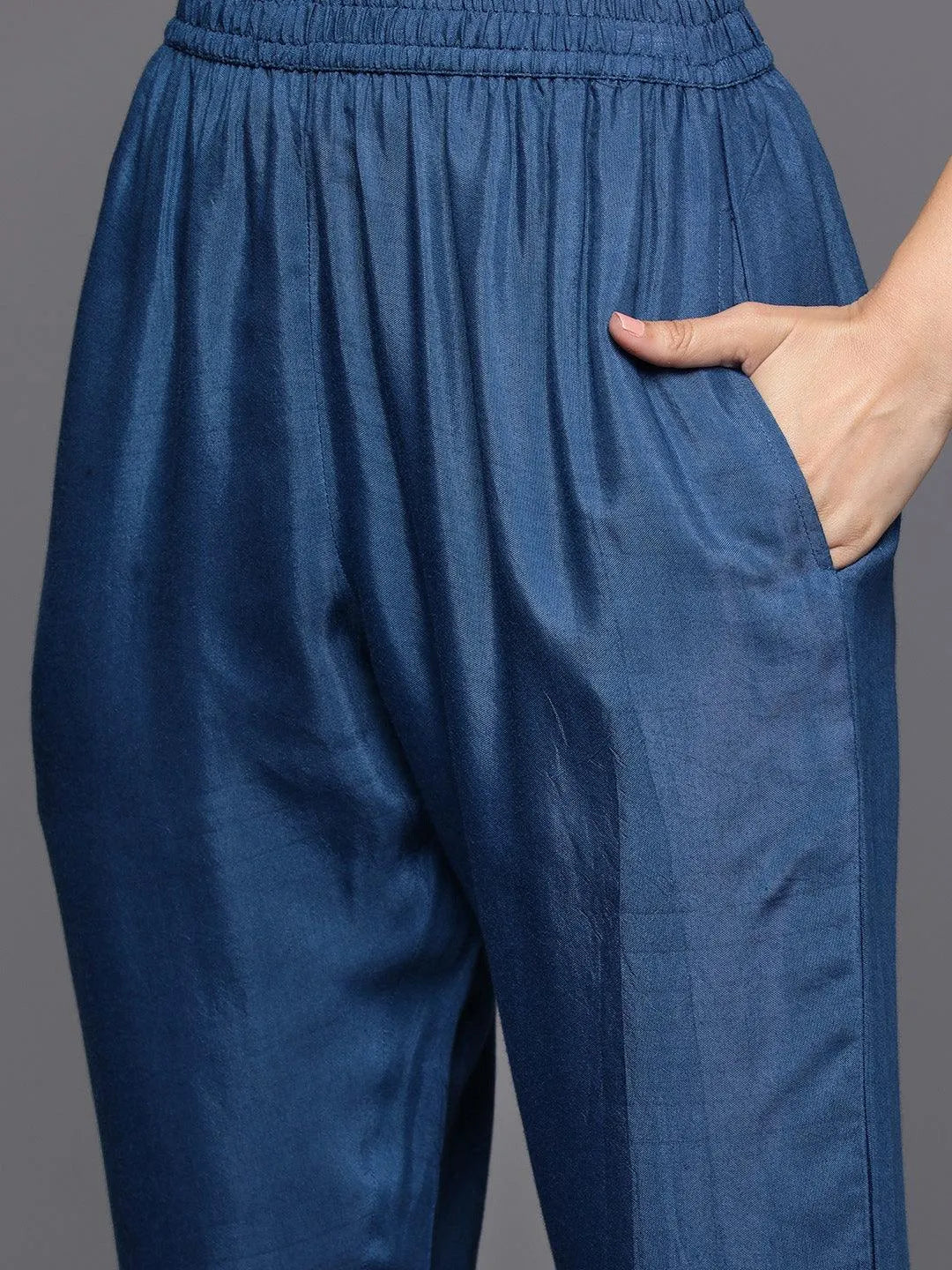 Blue Printed Silk Blend Straight Kurta With Trousers & Dupatta - Libas 