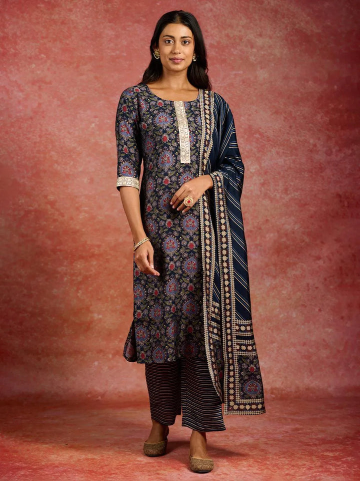 Blue Printed Silk Blend Straight Kurta With Trousers & Dupatta - Libas