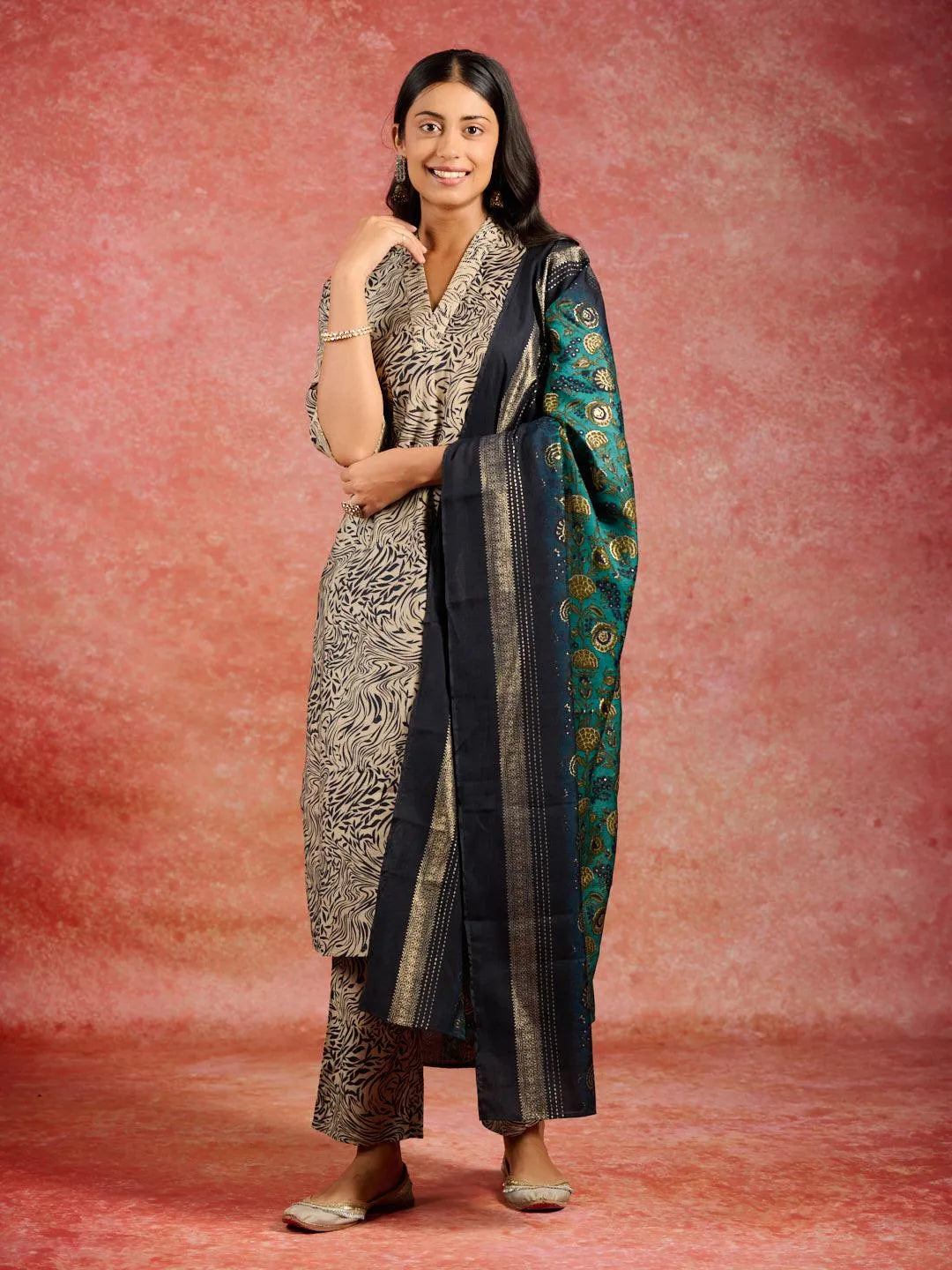 Blue Printed Silk Blend Straight Kurta With Trousers & Dupatta - Libas 