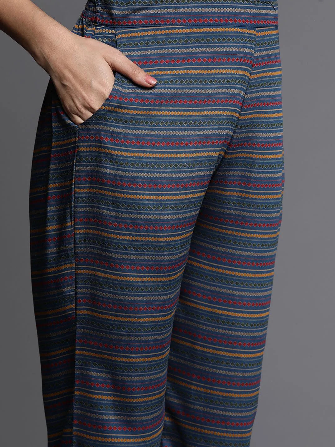 Blue Printed Silk Blend Straight Kurta With Trousers & Dupatta - Libas 