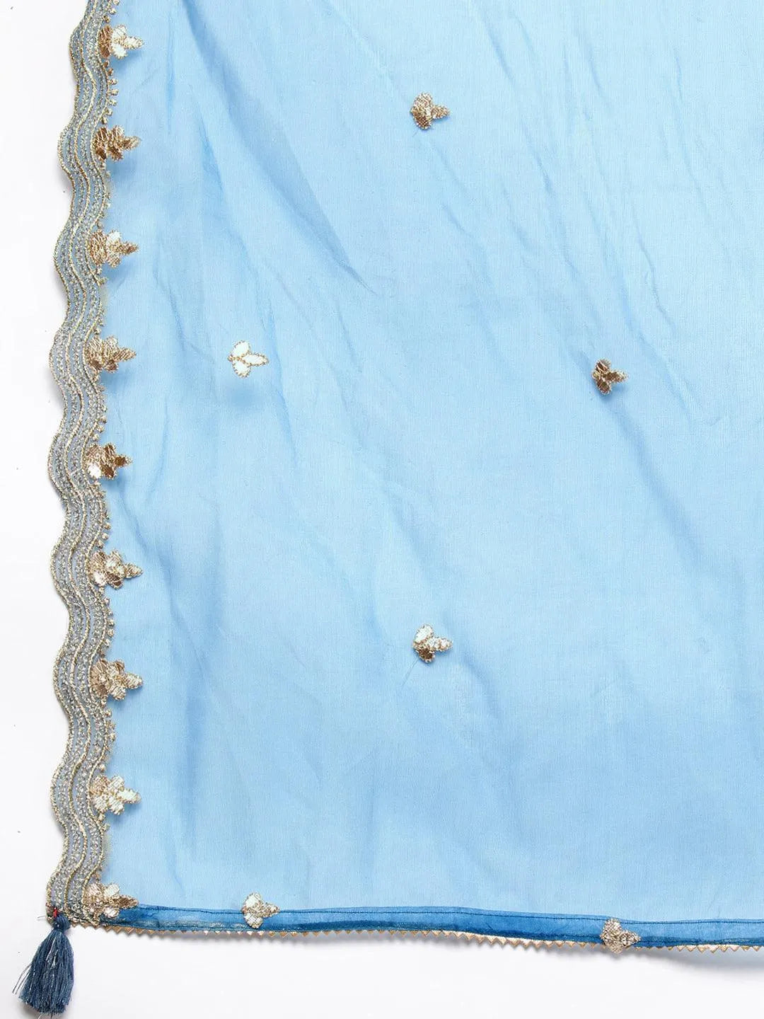 Blue Printed Silk Blend Straight Kurta With Trousers & Dupatta - Libas 