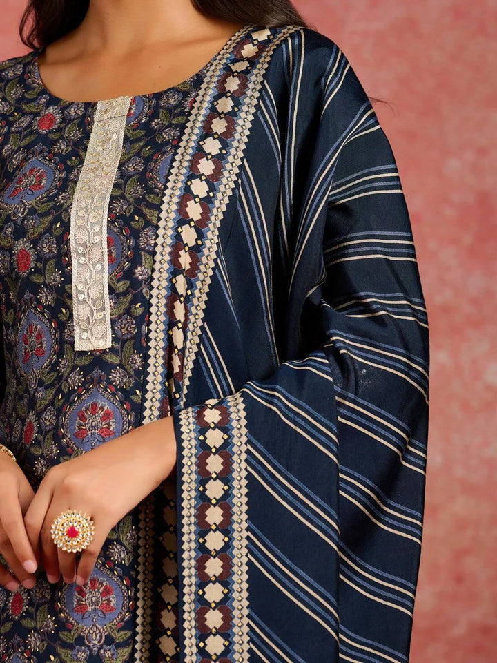 Blue Printed Silk Blend Straight Kurta With Trousers & Dupatta - Libas