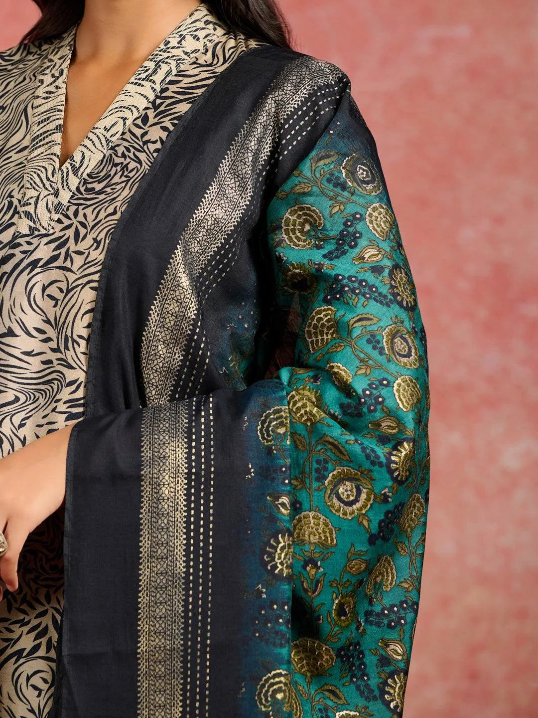Blue Printed Silk Blend Straight Kurta With Trousers & Dupatta - Libas 