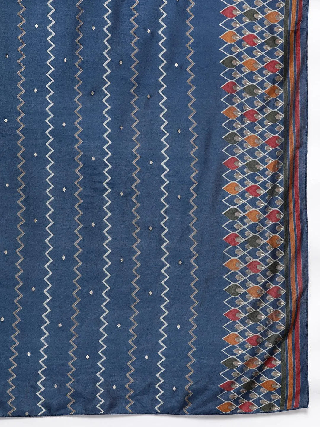 Blue Printed Silk Blend Straight Kurta With Trousers & Dupatta - Libas 