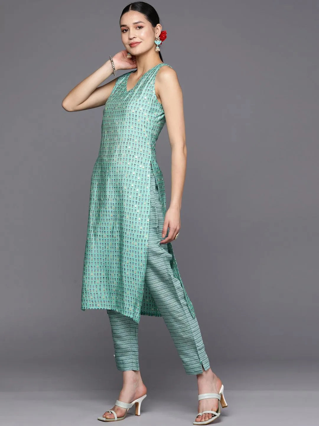 Blue Printed Silk Blend Straight Kurta Set With Trousers - Libas 