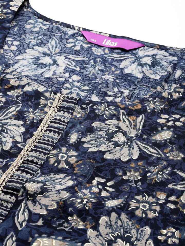 Blue Printed Silk Blend Straight Kurta With Trousers - Libas