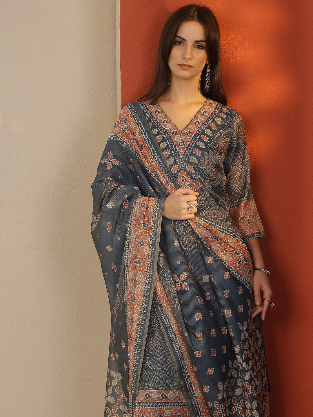 Blue Printed Silk Blend Straight Suit Set With Dupatta