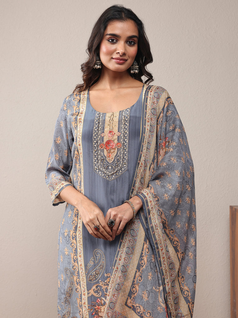 Libas Blue Printed Silk Blend Straight Suit Set With Dupatta
