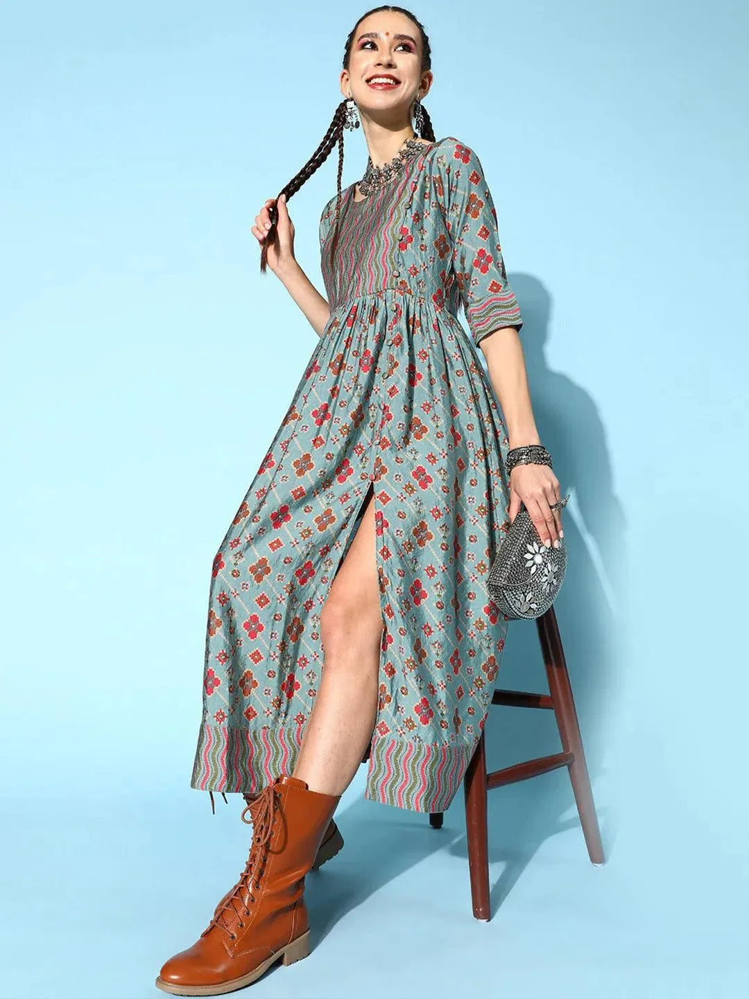 Blue Printed Silk Dress - Libas