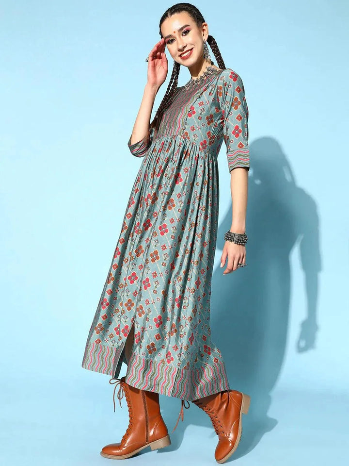 Blue Printed Silk Dress - Libas